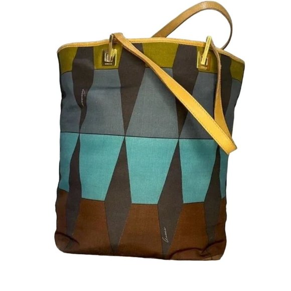 Gucci multi-color tribal print silk & leather large tote - Picture 1 of 12